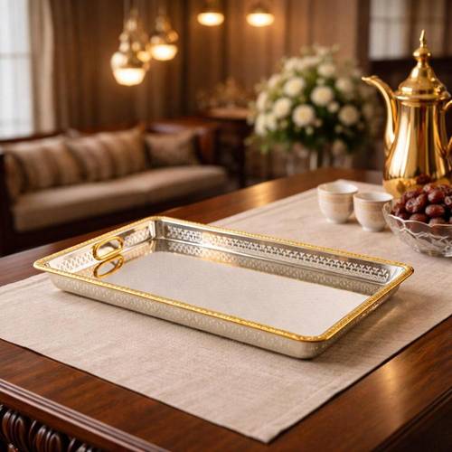 صينية تقديم ستيل فضي مزخرف ذهبي – تصميم فاخر وأنيق للضيافة – مقاس كبير
