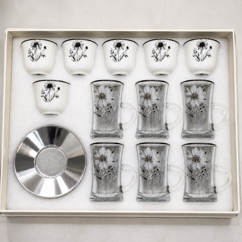 Luxury Arabic Hospitality Set – 18-Piece Cups & Glasses – Silver | Lavera Home