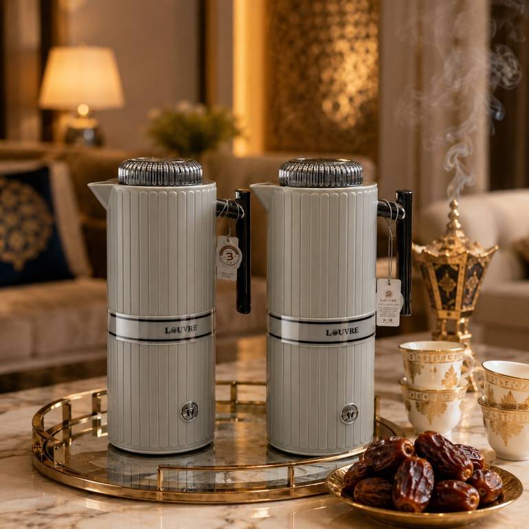 طقم ترامس فاخره لون رمادي فاتح مع اسود 1.0 لتر بتصميم أنيق.