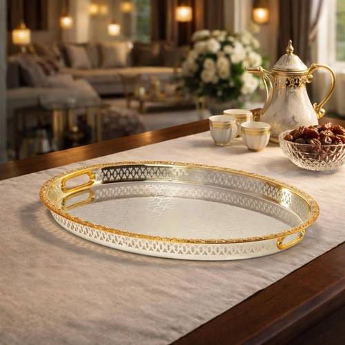 صينية تقديم ستيل بيضاوي فضي مزخرف ذهبي – تصميم فاخر وأنيق – مقاس كبير