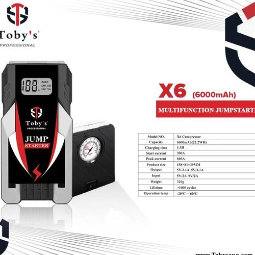 اشتراك سيارة ومنفاخ هواء توبي X6 المحمول - قوة 6000mAh لأمانك على الطريق