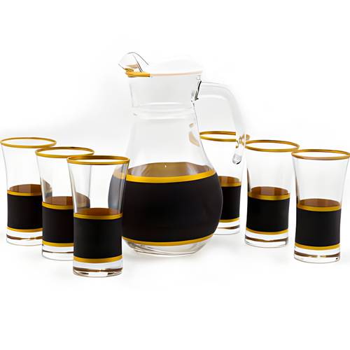 Colored Glass Jug and 6 Cups Set with Gold Stripes