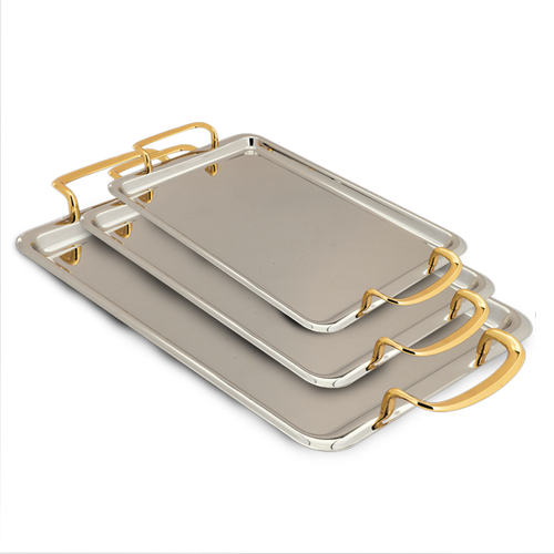 Al-Saif Shada Nickel-Gold Serving Tray Set, 3 Pieces