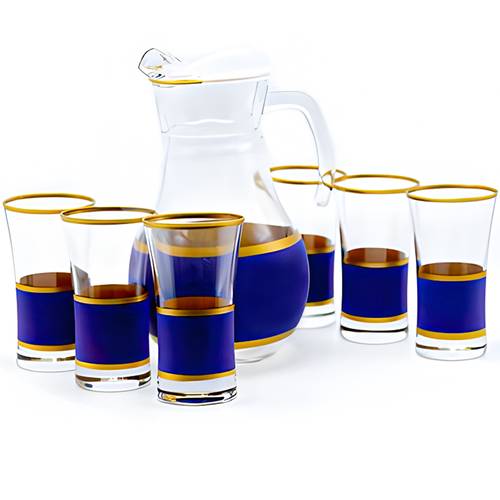 Colored Glass Jug and 6 Cups Set