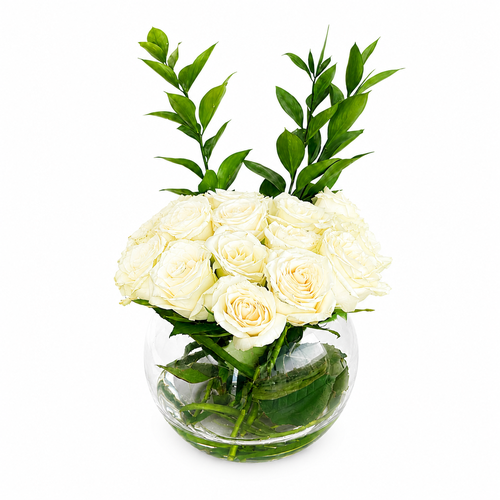 White Rose Arrangement | Round Glass Vase