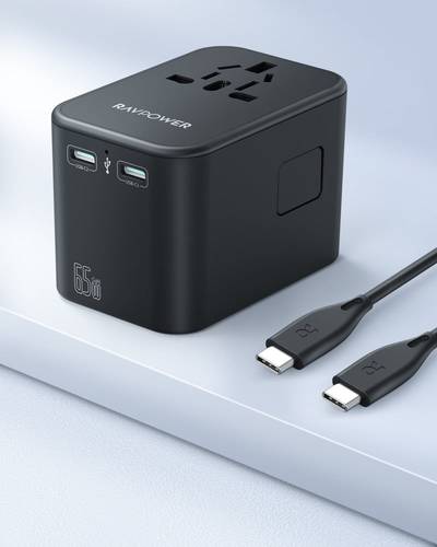 فيش سفر عالمي راف باور متعدد المداخل بمنفذين تايب سي ومنفذ USB بقوة 65 واط + كيبل تايب سي بقوة 100 واط