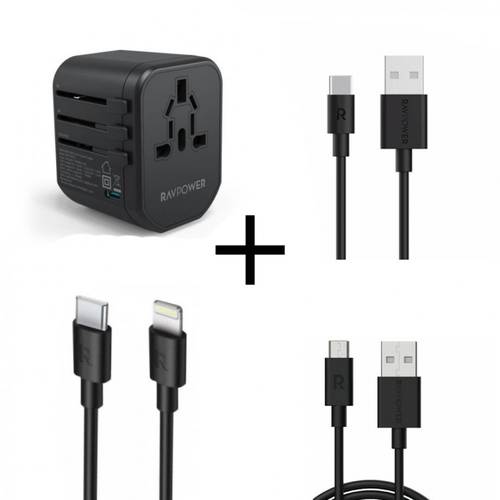 عرض راف باور - فيس السفر العالمي متعدد المنافذ بقوة 20 واط + كيبل ايفون PD + كيبل تايب سي الي USB + كيبل مايكرو  USB 