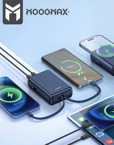 باور بانك متنقل ماج سيف بسعة 10000 مللي أمبير وبقوة 22.5 واط مع كيابل مدمجة من شركة موج ماكس - أزرق