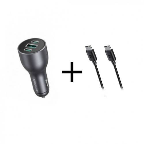  فيش سيارة  راف باور بقوة 100 واط منفذين PD ومنفذ USB+ كيبل تايب سي- تايب سي راف باور قماش 2متر 