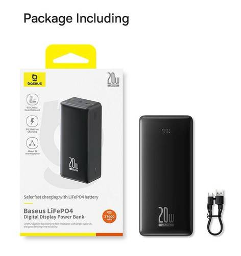 بطارية بيسوس  Digital Lifepo4 بسعة 27600 مللي أمبير بقوة 20 واط بمنفذين PD ومنفذين USB -أسود
