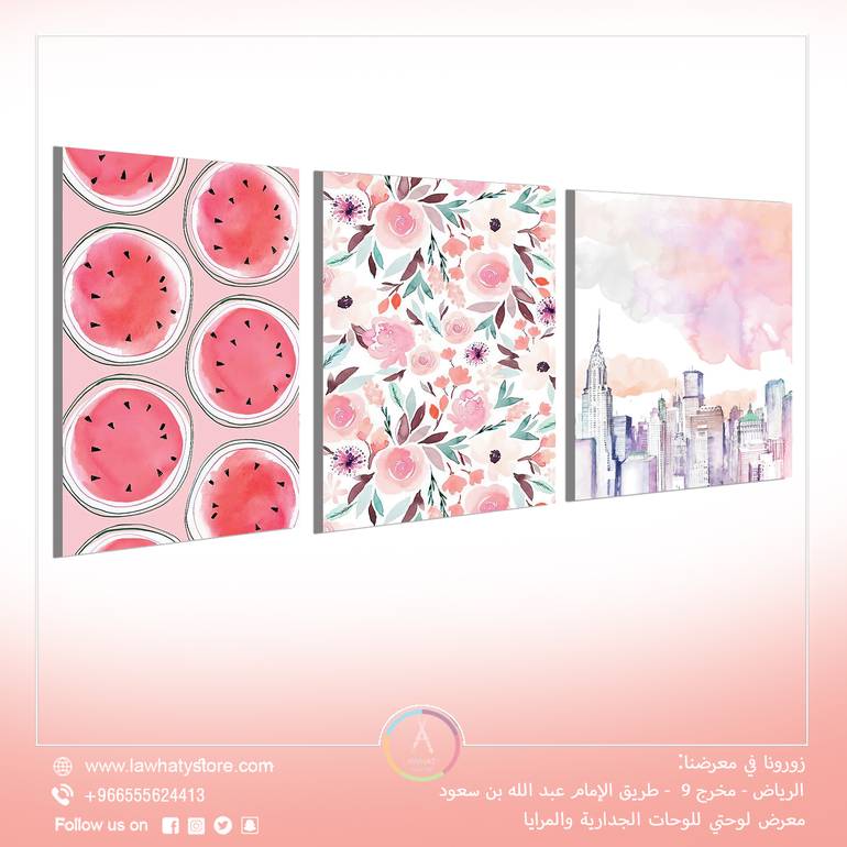 طقم مكون من 3 لوحات جدارية مقاس 60x120 سم بدون برواز بعنوان "مجموعة اللوحات الوردية"