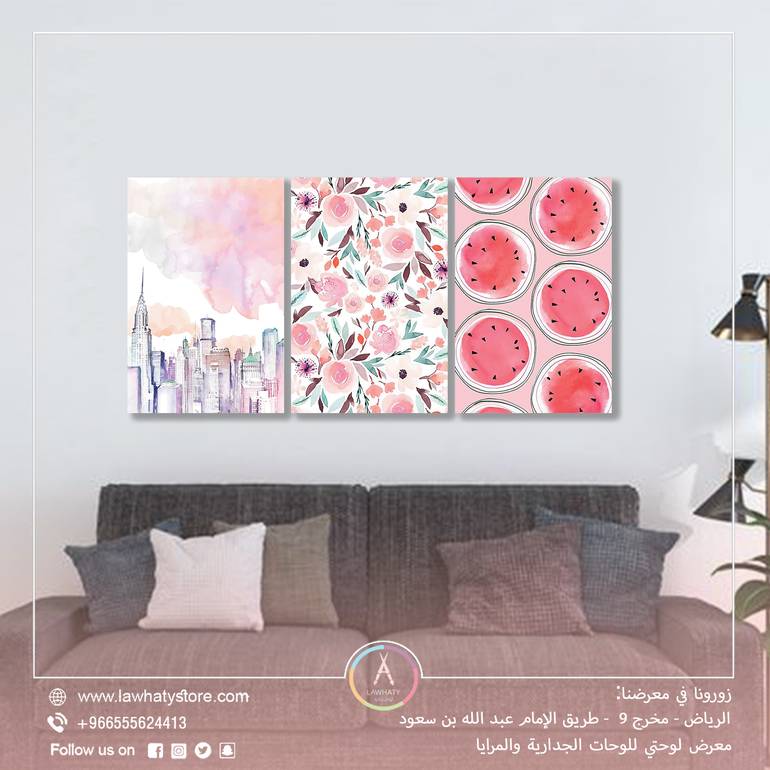 طقم مكون من 3 لوحات جدارية مقاس 60x120 سم بدون برواز بعنوان "مجموعة اللوحات الوردية"