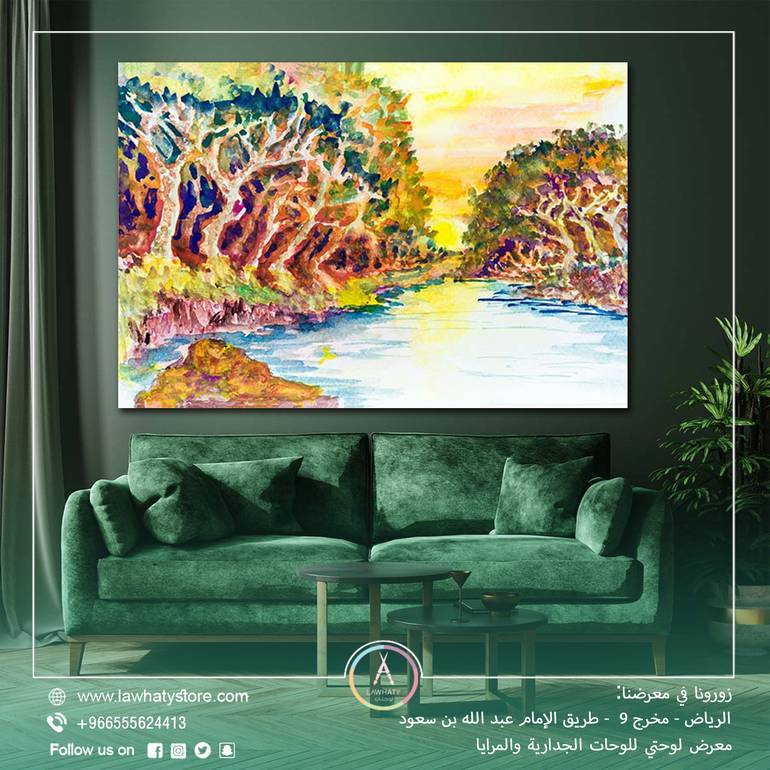لوحة جدارية عرضية مقاس 100x150 سم بدون برواز بعنوان "مجموعة من الاشجار مطلة على نهر"