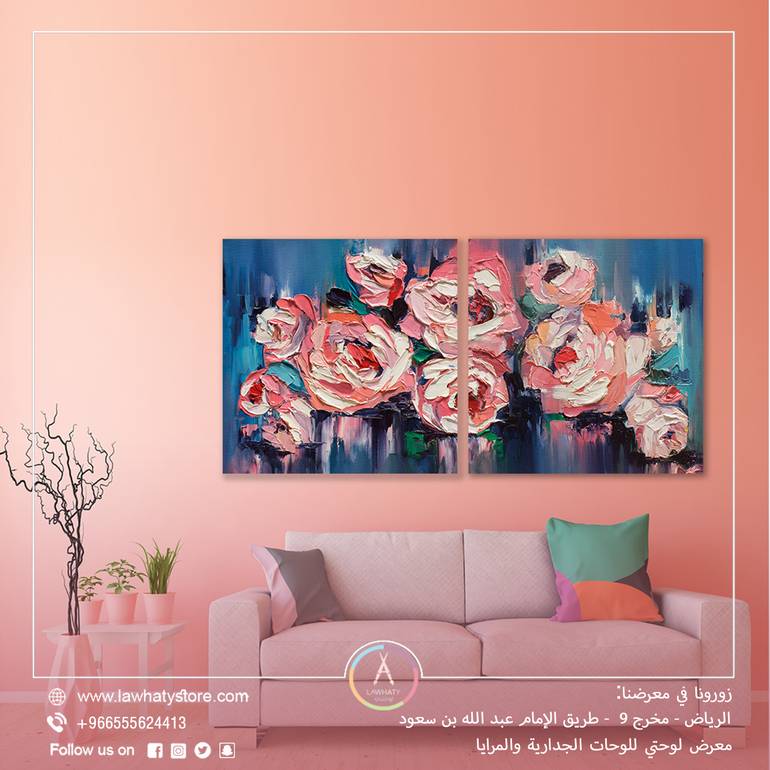 طقم مكون من 2 لوحات جدارية مقاس 70x140 سم بدون برواز بعنوان "باقة زهور وردية"