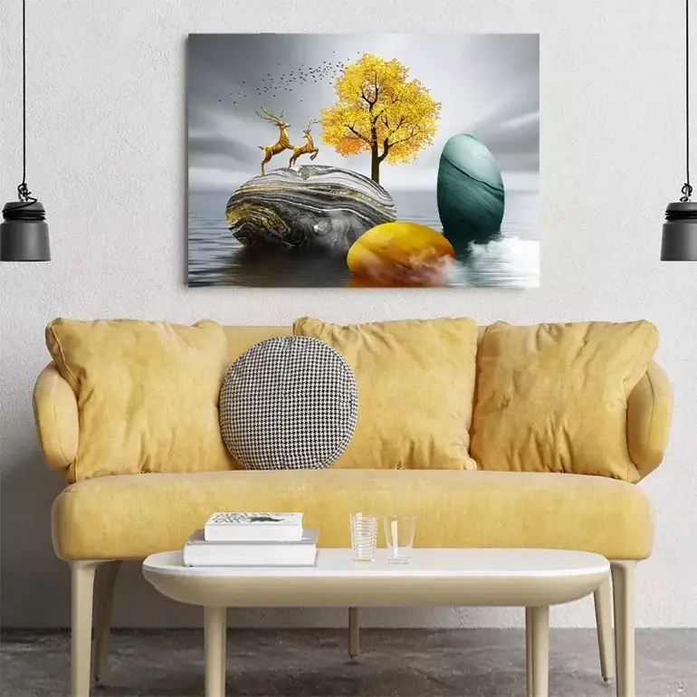 لوحة جدارية لشجرة بأوراق ذهبية مع غزلان رنة جميلة