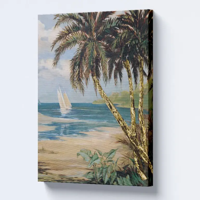 لوحة جدارية لشاطئ جميل مع قارب شراعي
