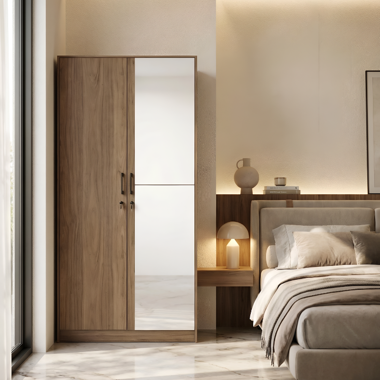 خزانة ملابس بني بابين مع مرآة - خشب تركي فاخر