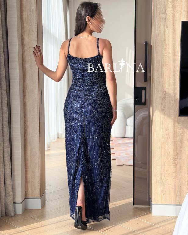 Navy blue beaded dress with thin straps