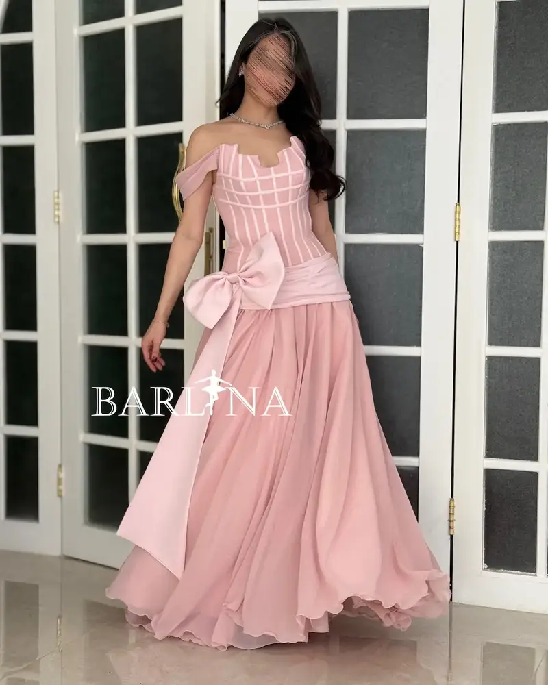 pink dress with bows on shoulders Off-shoulder pink dress with a side bow