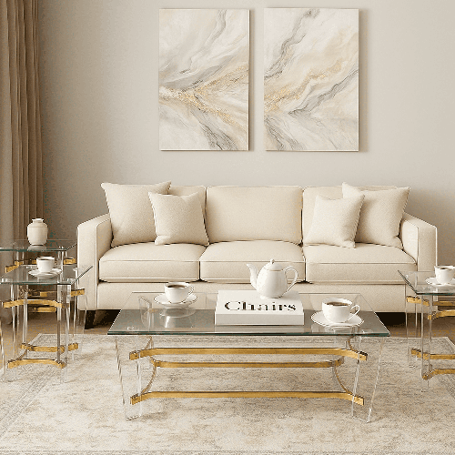  طقم طاولات شاي مستطيل اكرليك زجاج ذهبي 1+4