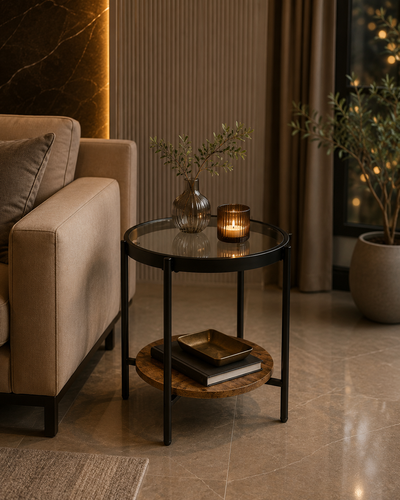طاولة خدمة خشب وزجاج دائرية 45 × 45 × 55 سم