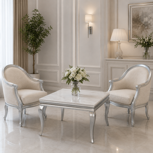 طاولة ستيل رخام مربع فضي 90 × 90 × 50 سم