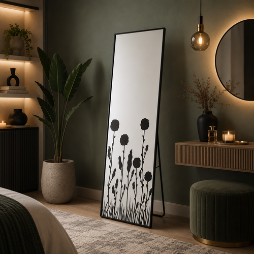 مرآة استاند بإطار أسود ونقشة زخرفية – 170 × 60 سم