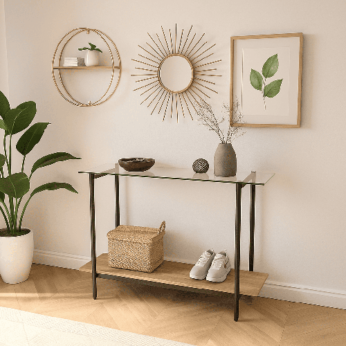 طاولة كنسول استقبال خشب-زجاج-بنى  80-40-120سم
