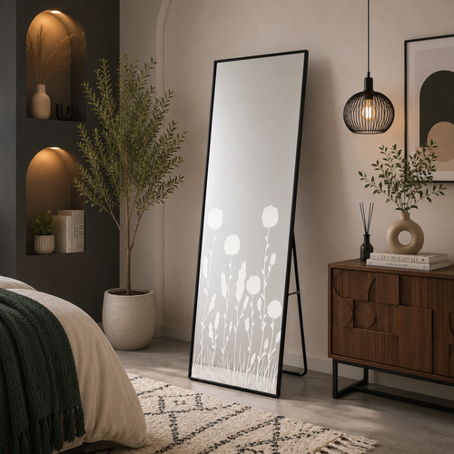مرآة استاند بإطار أسود ونقشة زخرفية – 170 × 60 سم