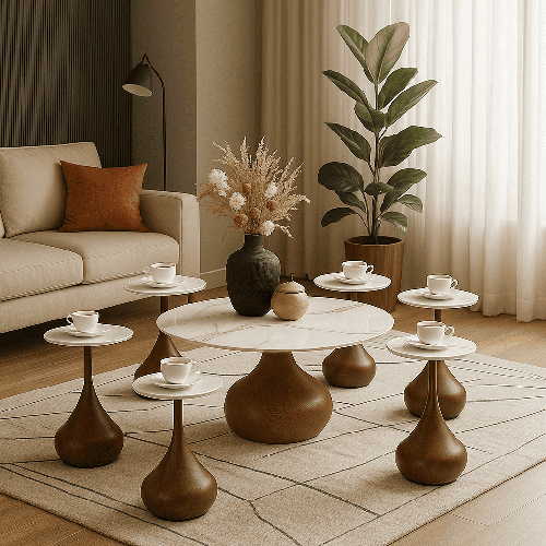 طقم طاولات شاي سيراميك  خشبي 1+6