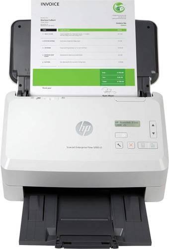 ماسح ضوئي HP ScanJet Enterprise Flow 5000 s5، موديل 6FW09A، سرعة 65 صفحة/دقيقة، مغذي 80 ورقة، دقة 600 dpi — مثالي للمكاتب ذات الحجم العالي