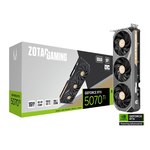 زوتاك كرت شاشة ZT-B50710J3-10P للألعاب جيفورس RTX 5070 Ti SOLID OC, الذاكرة 16جيجا, جي دي دي أر 7, ثلاث مراوح, أسود