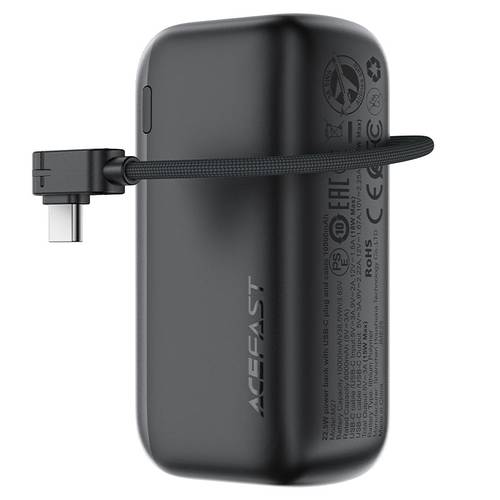 باور بانك سريع ACEFAST بسعة 10000 مللي أمبير، مزود بكابل شحن USB-C مدمج/حبل تعليق