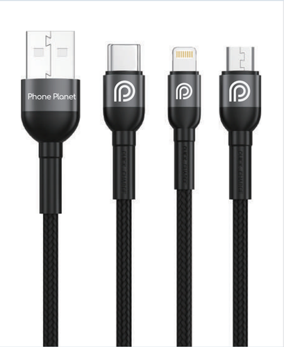كابل جديد من Phone Planet USB-A إلى 3 في 1 باللون الأسود