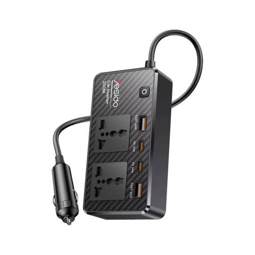 محول طاقة سيارة Yesido بقدرة 200 واط للشحن السريع مع منفذين ثلاثيين ومنفذ USB QC3.0 ومنفذ Type-C PD