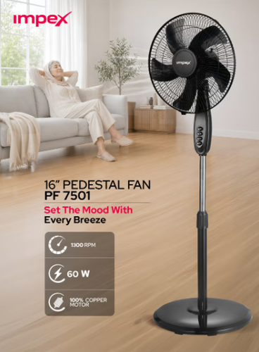 مروحة أرضية من إمبكس مقاس 16 بوصة، 60 واط - PF-7501، لون أسود