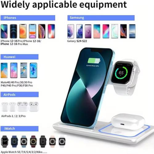 حامل شاحن لاسلكي 3 في 1 بإضاءة ليلية 100 وات – شحن سريع لهواتف iPhone وApple Watch وAirPods Pro.