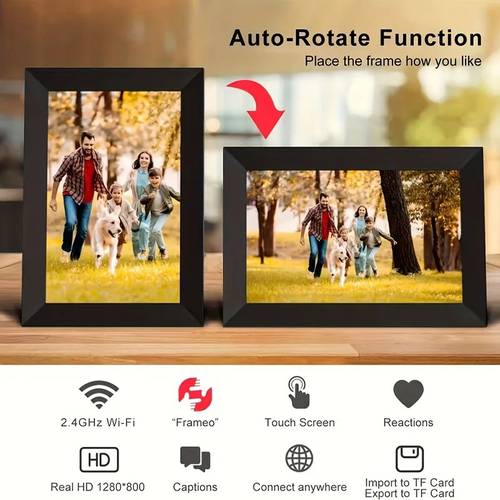 إطار صور رقمي من Frameo مقاس 10.1 بوصة بشاشة لمس IPS بدقة 1280x800 مع تقنية WiFi، قابل للدوران التلقائي، يمكن تثبيته على الحائط أو سطح المكتب، يدعم مشاركة الصور والفيديوهات عبر التطبيق.