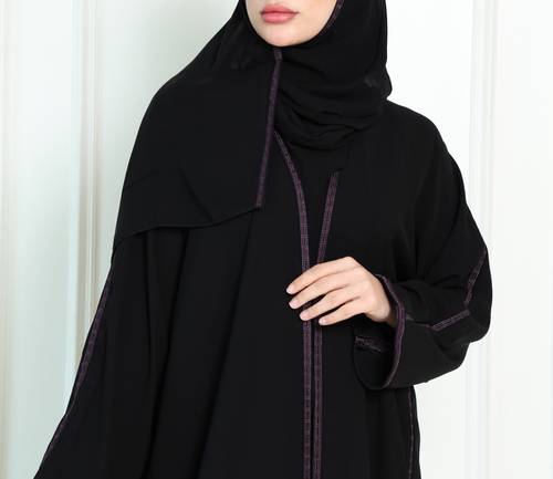عبايه كريب اسود بتطريز موف N308
