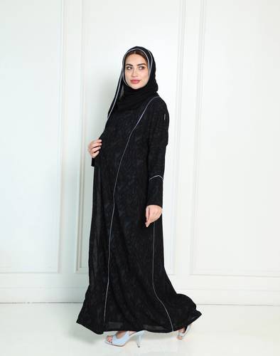 عبايه لينن اسود ولون سماوي خفيف مموج N316