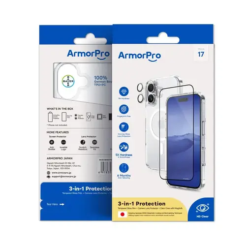 بكج ArmorPro ثلاثة في واحد ( كفر حماية ماج سيف شفاف + حماية شاشة شفافة + حماية للعدسات ) للايفون 17