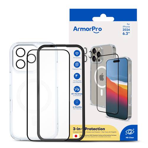 مجموعة ArmorPro 3 في 1 (واقي شاشة عالي الدقة وعدسة كاميرا وحافظة شفافة مع Magsafe) لجهاز iPhone 16 Pro