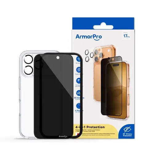 بكج ArmorPro اربعة في واحد ( كفر حماية شفاف + حماية شاشة خصوصية + كفر للعدسات + حماية للعدسات ) للايفون 17 برو