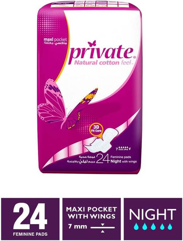 Private, Maxi Night Sanitary, Pads with Wings, - 24 Pads
