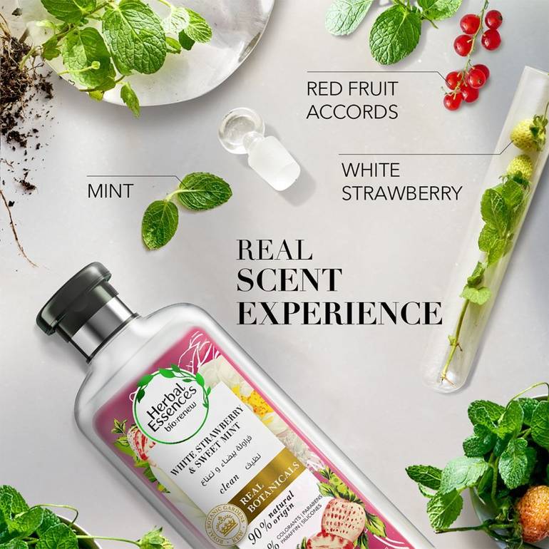 Herbal Essences, White Strawberry & Mint Shampoo, for clean hair