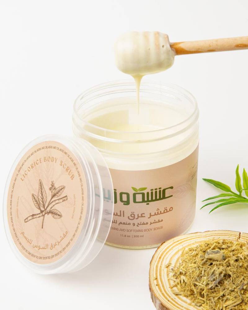 Herb and oil, a softening and lightening body scrub, with licorice