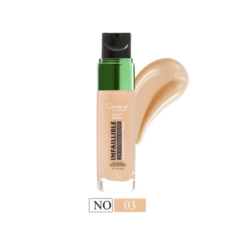 Christine, 24-hour liquid foundation, long-lasting fresh look with primer – multiple shades