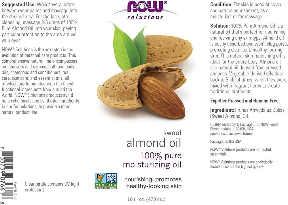 Now, 100% Pure Sweet Almond Oil, Skin Moisturizer, 473 ml