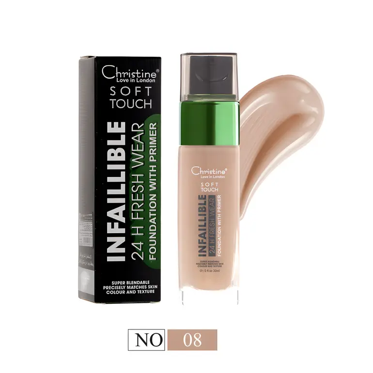 Christine, 24-hour liquid foundation, long-lasting fresh look with primer – multiple shades
