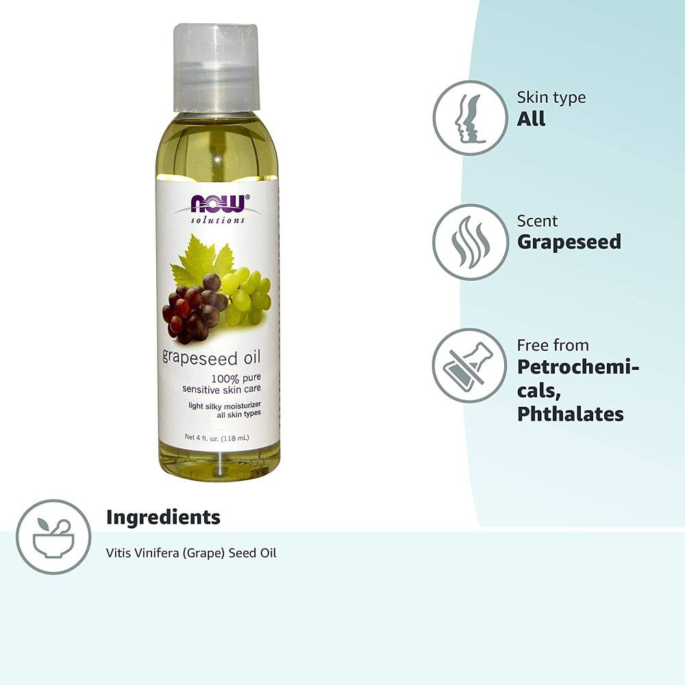 Now, Natural Grapeseed Oil, for Hair & Skin, - 118 ml